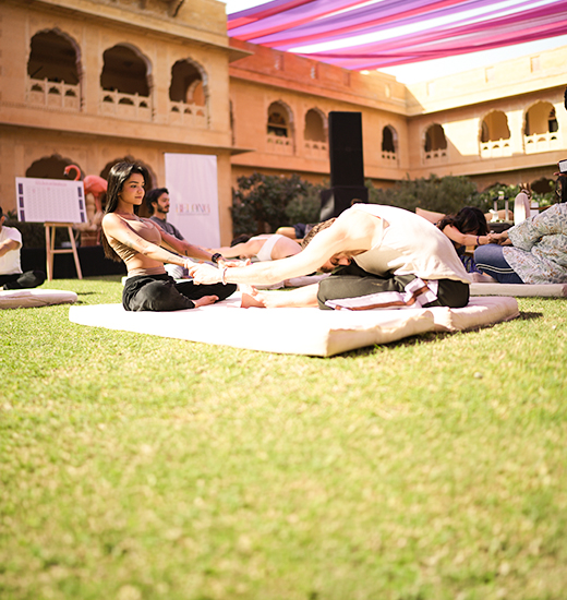 Morning yoga on the fort lawn
